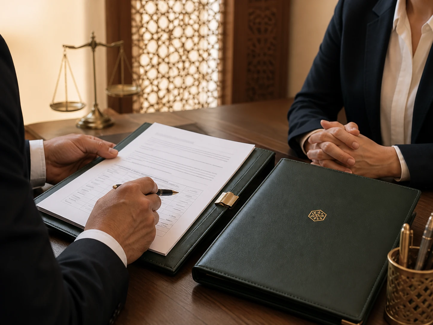 Consultation juridique entre professionnels autour d'un dossier assurantiel structuré